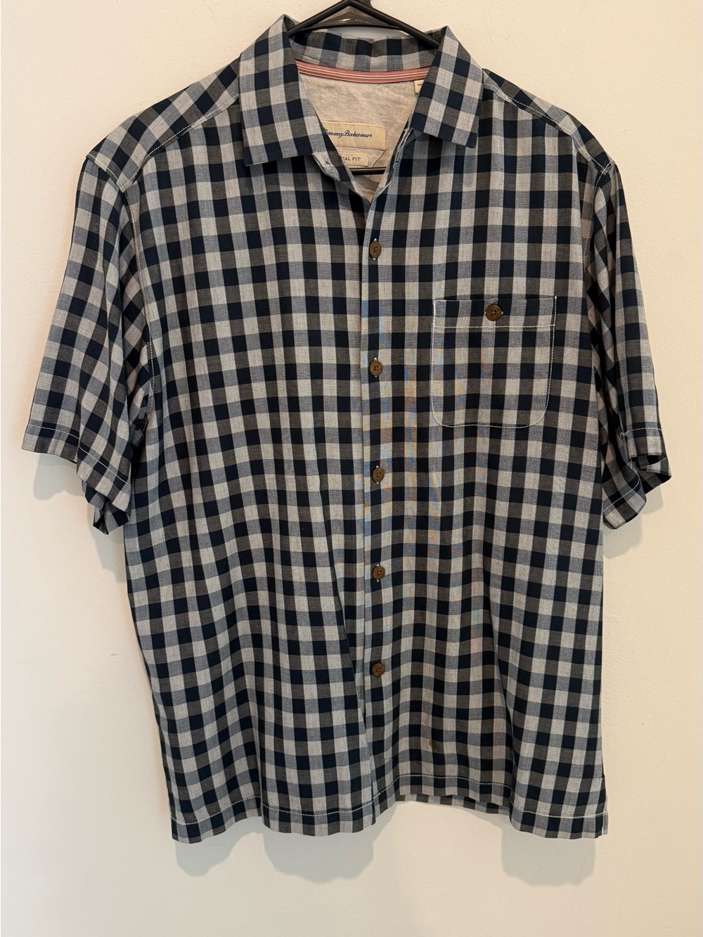 Tommy Bahama Navy and White Check Short-Sleeve Button-Down Silk Shirt
